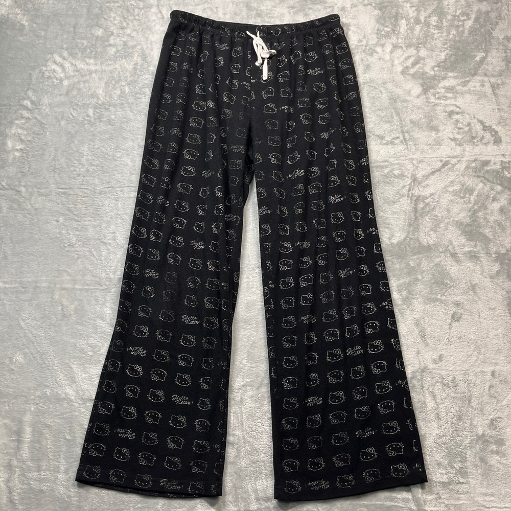 Hello Kitty Pajama Pants Women Black Silver Glitter Sanrio Wide Leg Fleece L